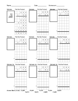 partial product multiplication printable worksheets