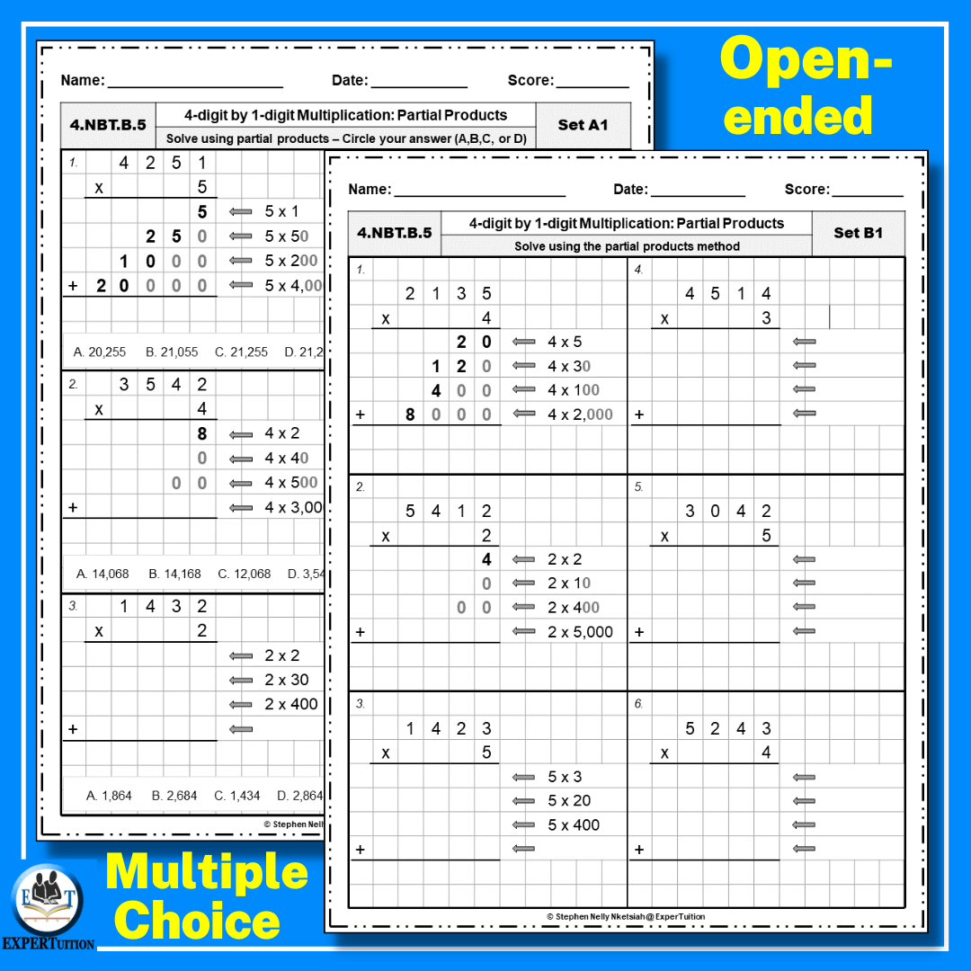 partial products multiplication 4th grade worksheet