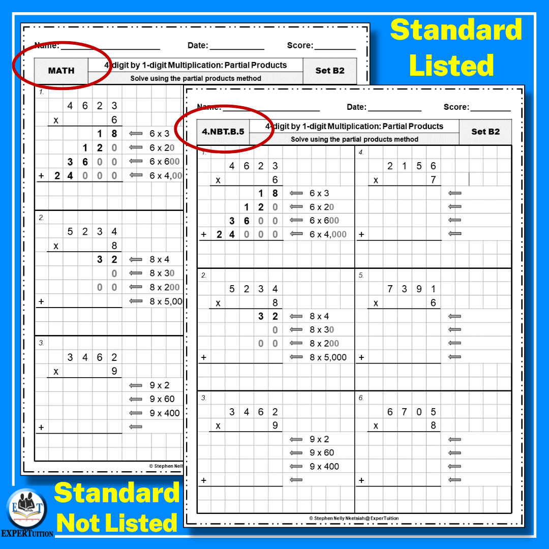 4 Digit by 1 Digit Partial Products Multiplication Worksheets ...