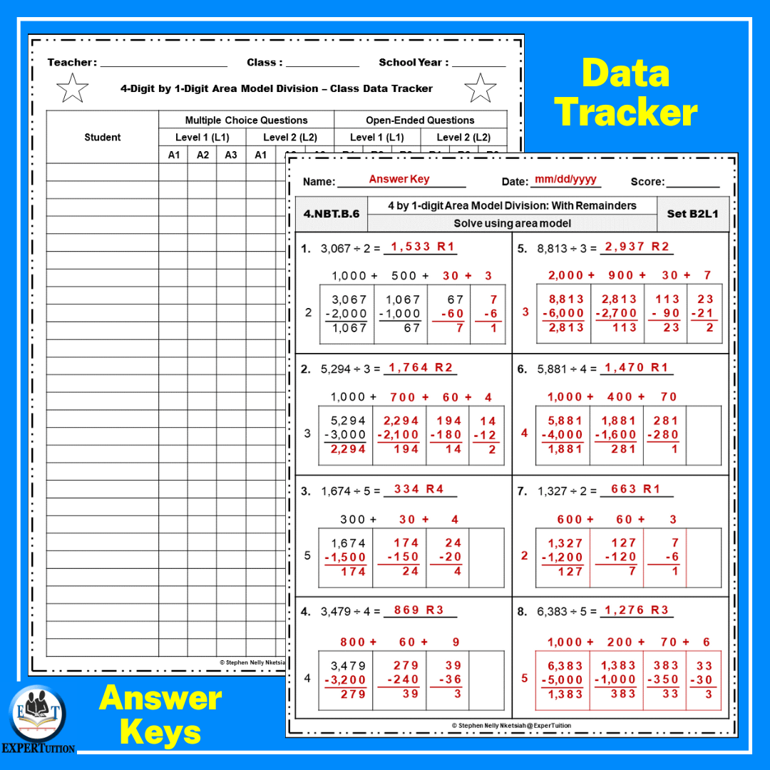 4 Digit by 1 Digit Area Model Division Grade 4 Worksheets ...