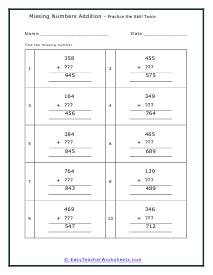 Missing Number Addition Worksheets