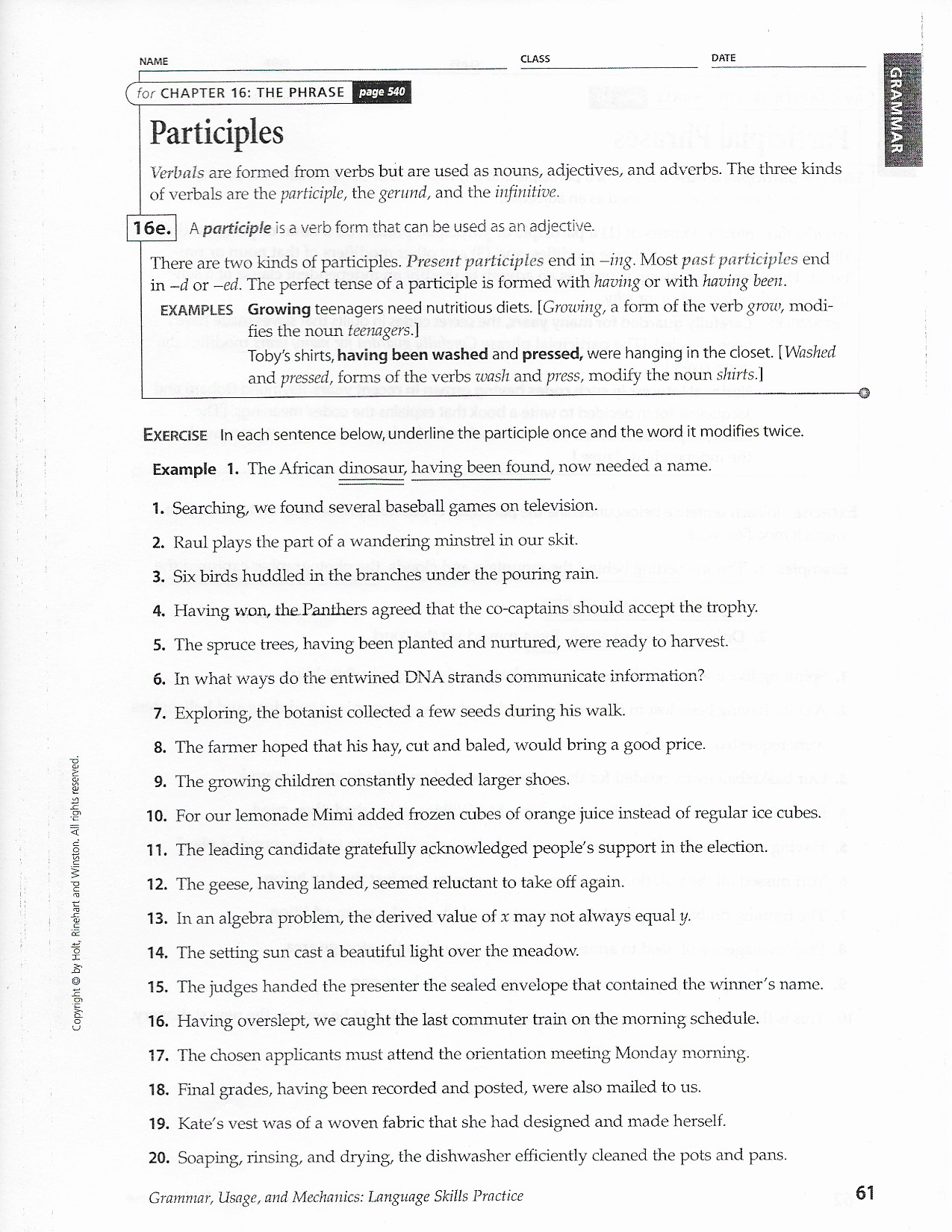 participial phrase worksheet
