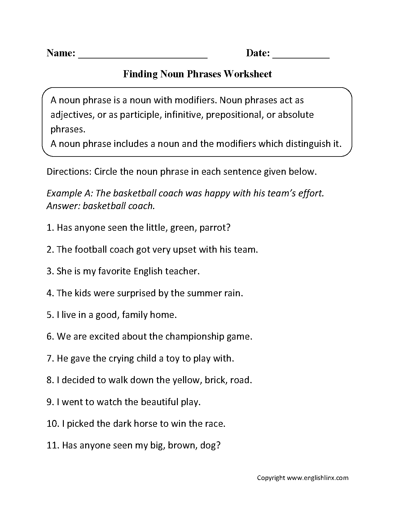 Nouns Worksheets | Noun Phrases Worksheets