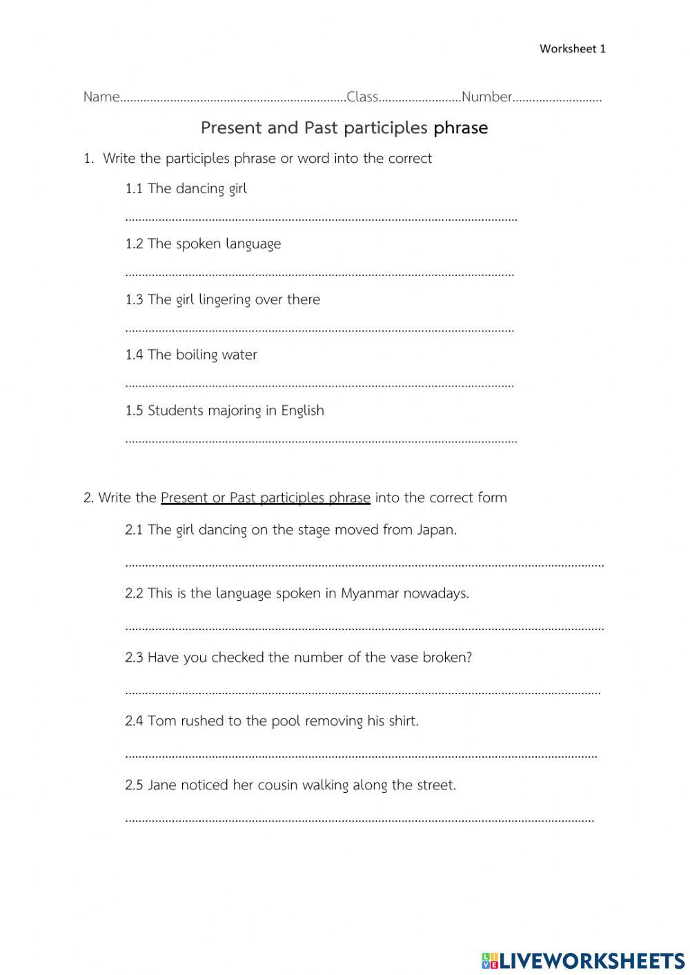 Participle Phrase Online Exercise For Live Worksheets Worksheets Participle Phrase Online Exercise For Live Worksheets Worksheets