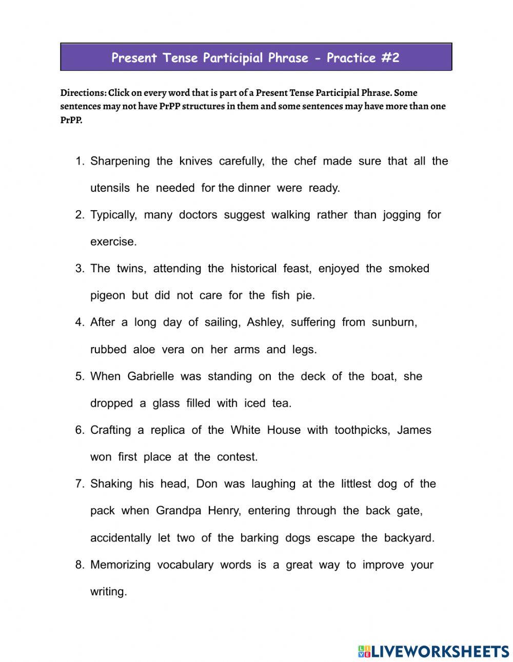 participle and participial phrases worksheet