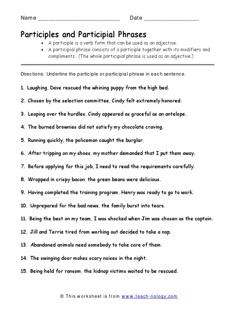 participle phrases worksheet