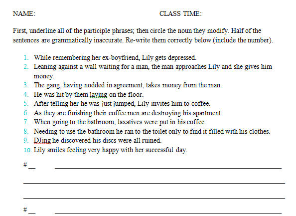 participle phrases worksheet