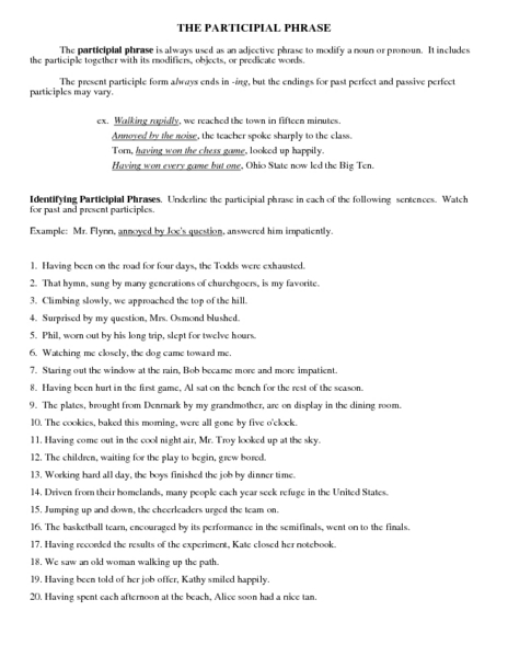 Participial Phrase Lesson Plans &  Worksheets Reviewed by Teachers