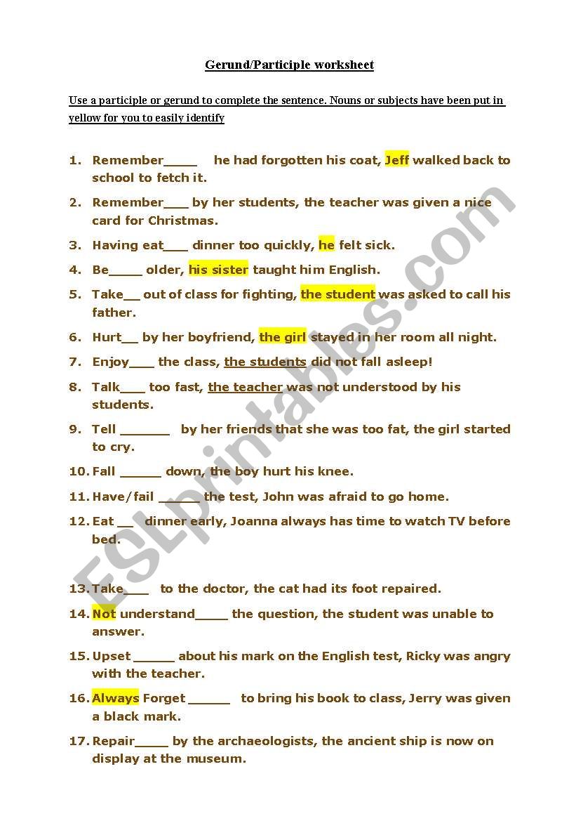 participles worksheet with answers