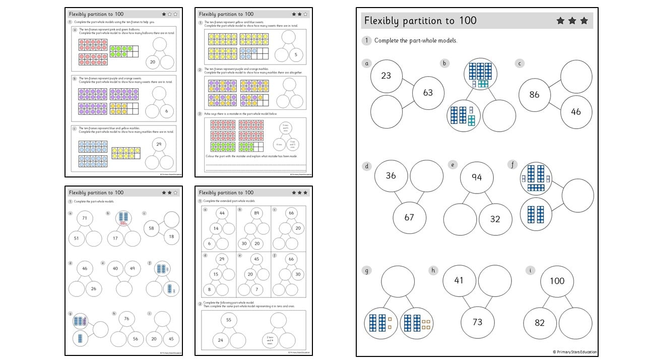 Flexibly Partition to 100 | Worksheets - Primary Stars Education