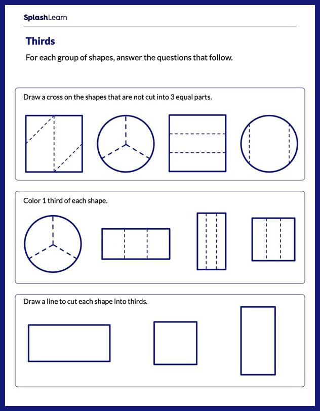 Partitioning Shapes into Thirds Math Worksheets SplashLearn