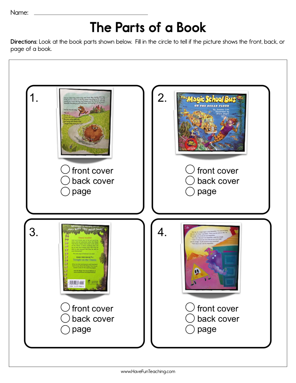 parts of a book worksheet 3rd grade