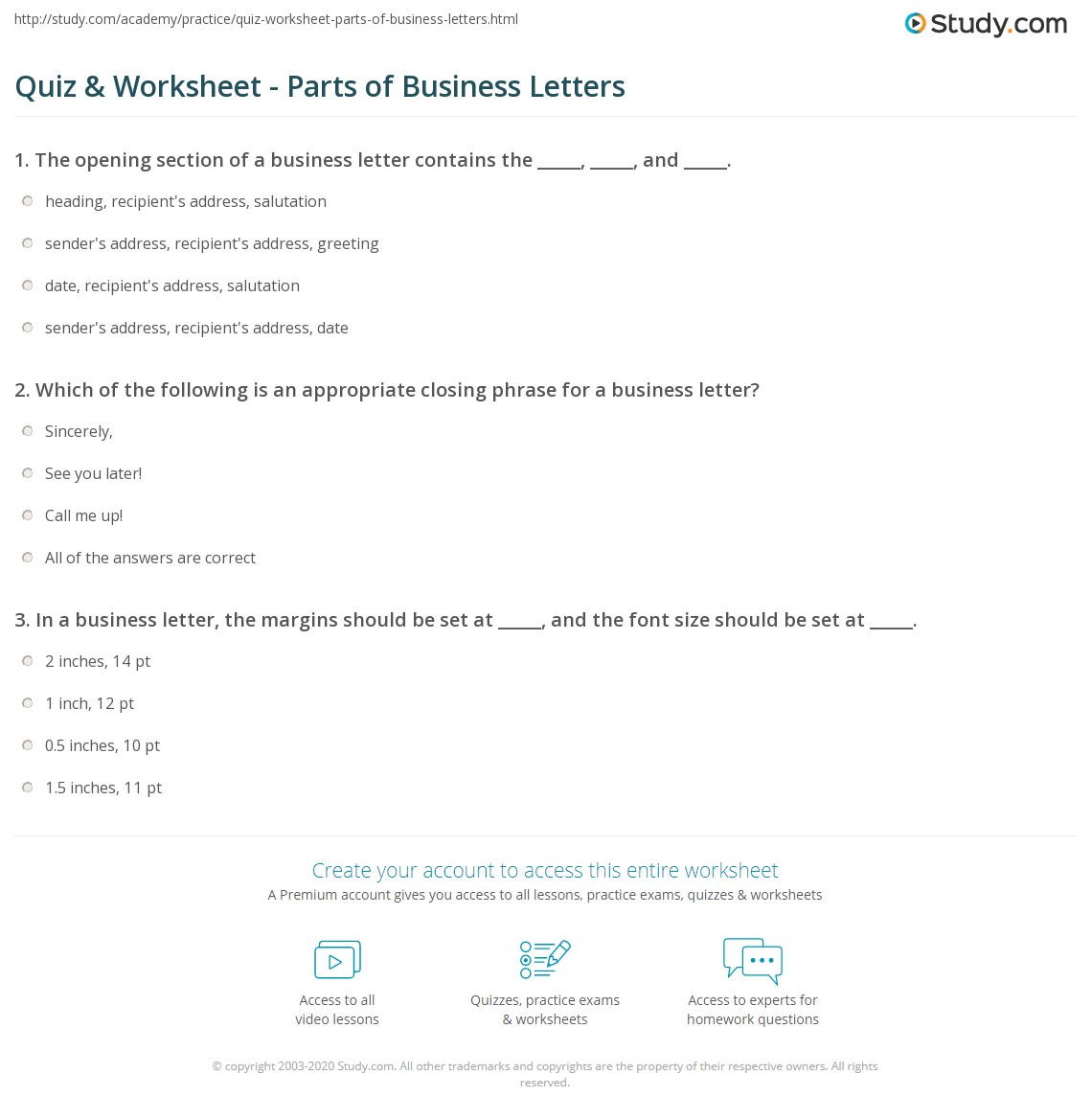 parts of a business letter worksheet