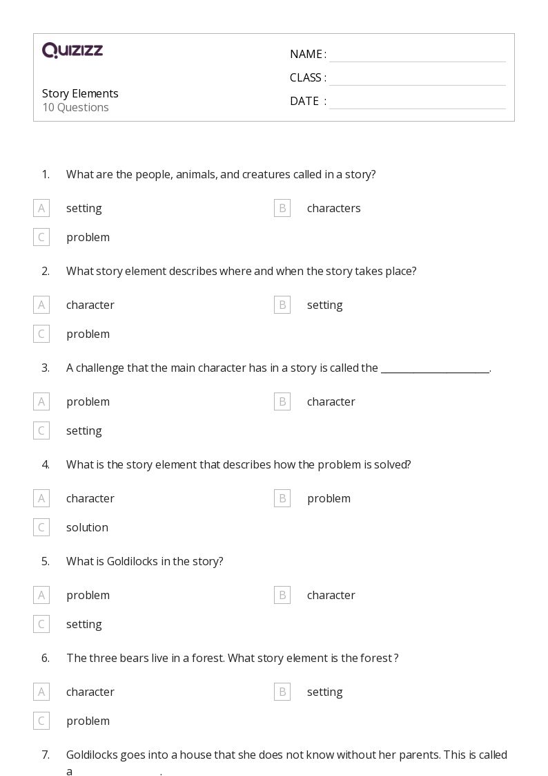 parts of a story worksheet