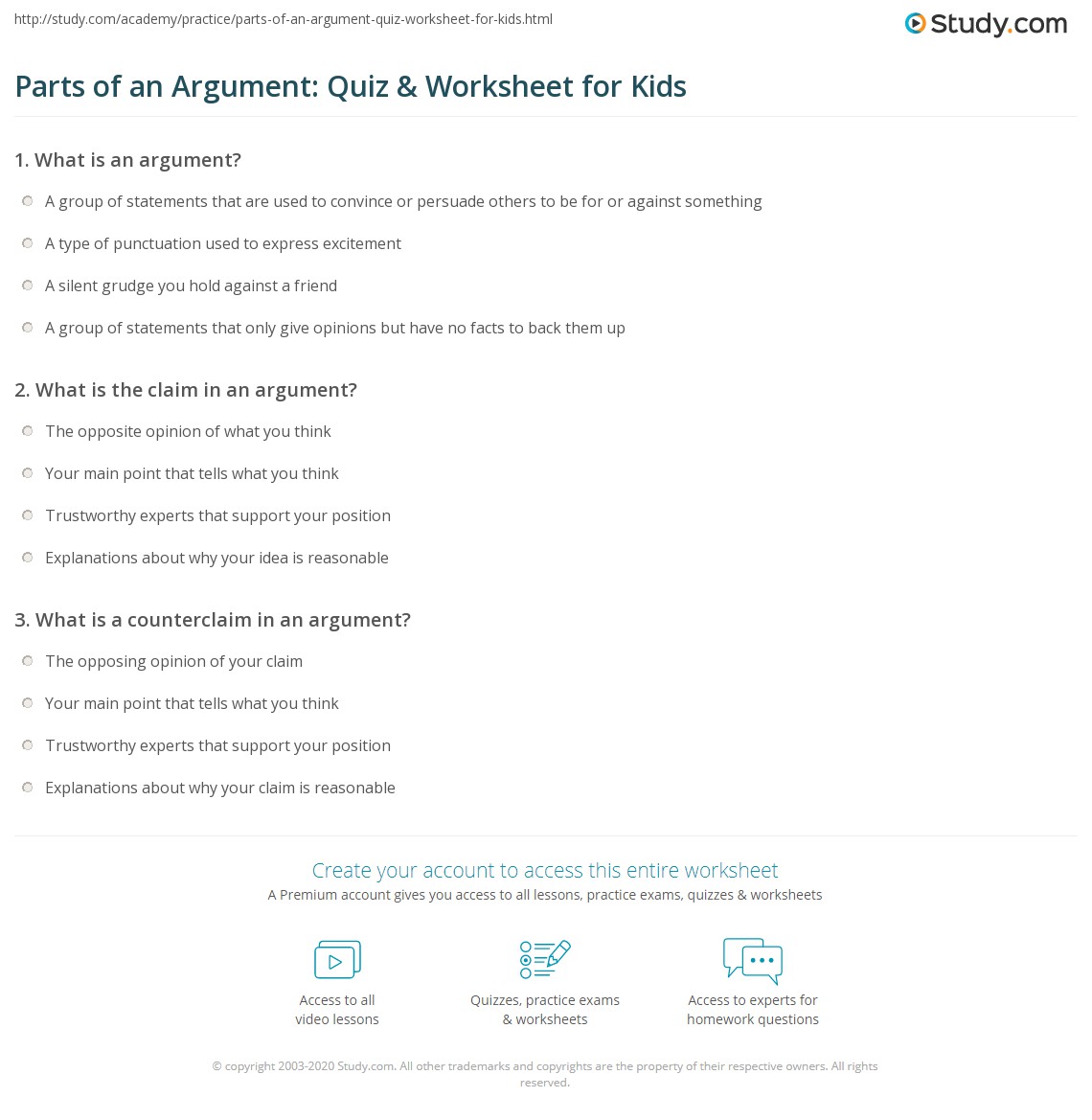 Parts of an Argument: Quiz &  Worksheet for Kids | Study.com