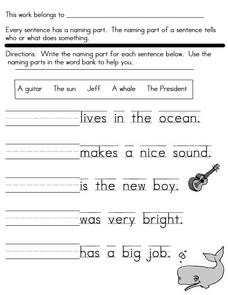 Sentences: The Naming Part #2 Worksheet for 1st - 2nd Grade ...