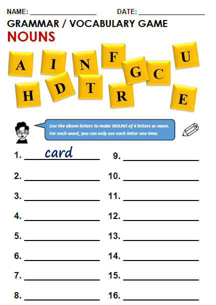 parts of speech nouns worksheet