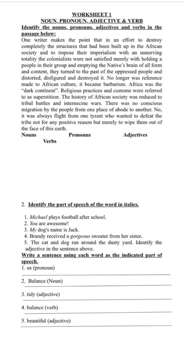 parts of speech paragraph worksheet