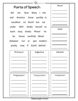 parts of speech printable worksheet