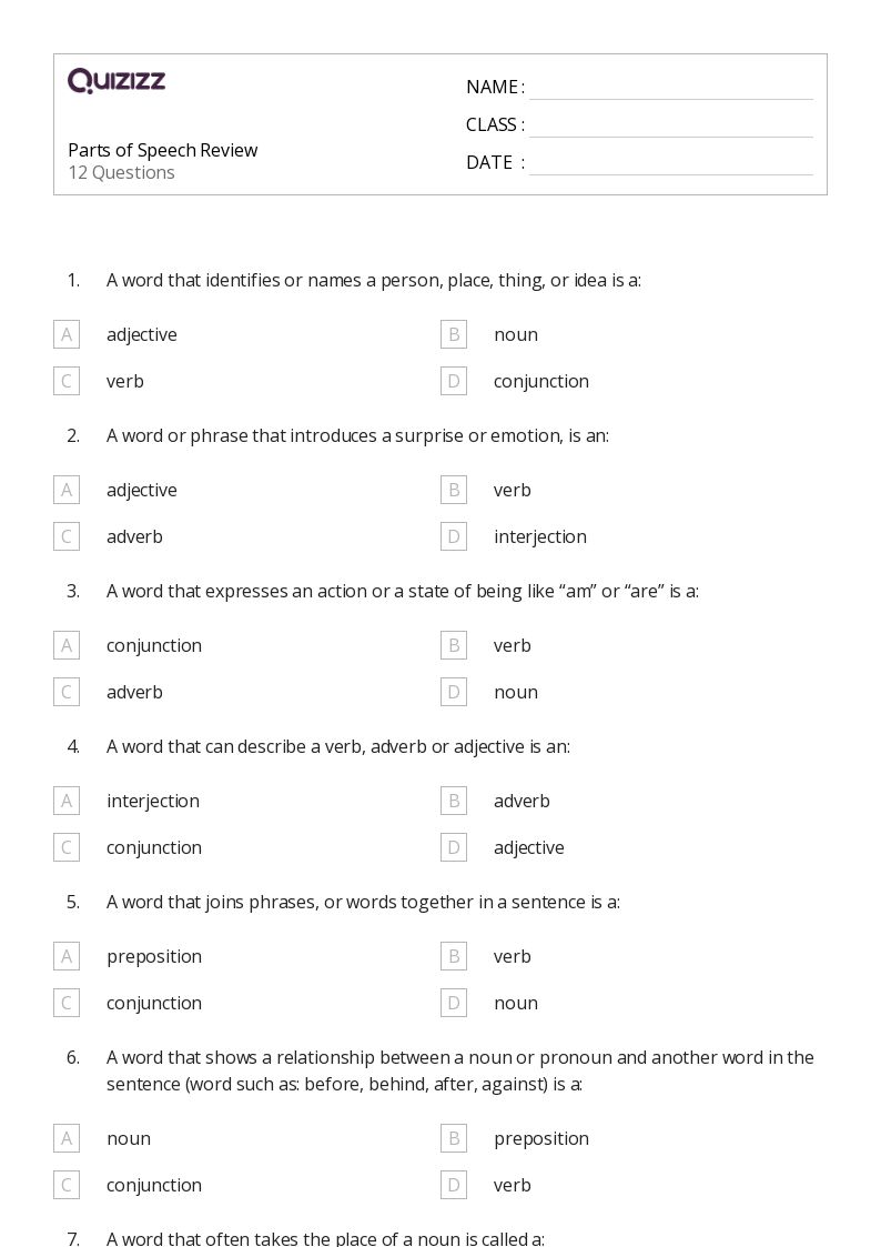 parts of speech review worksheet