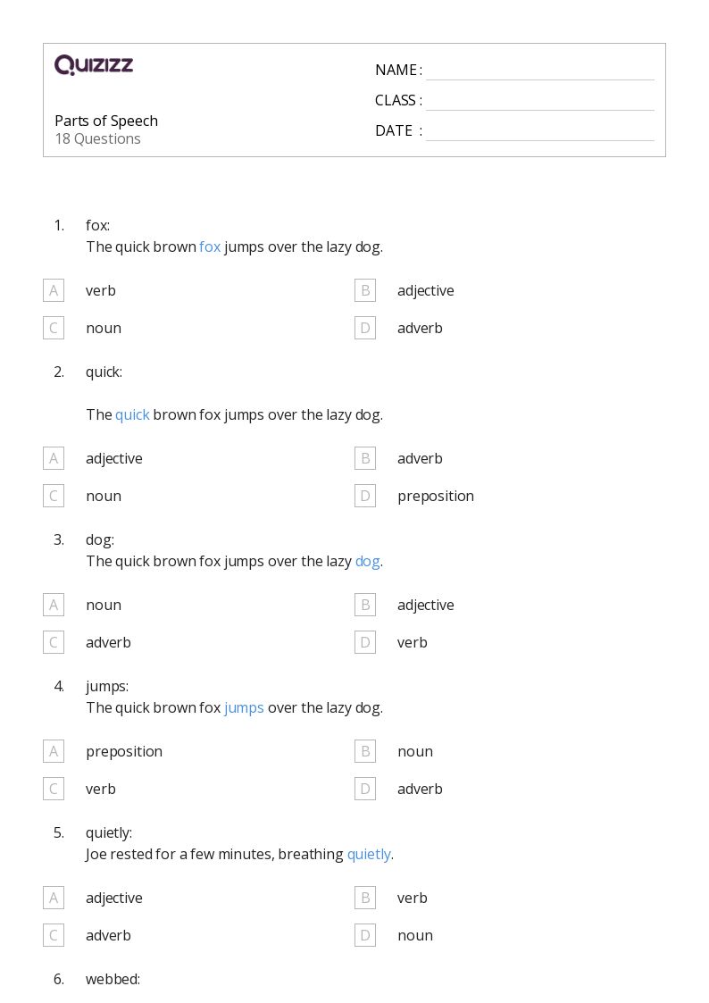 parts of speech review worksheet