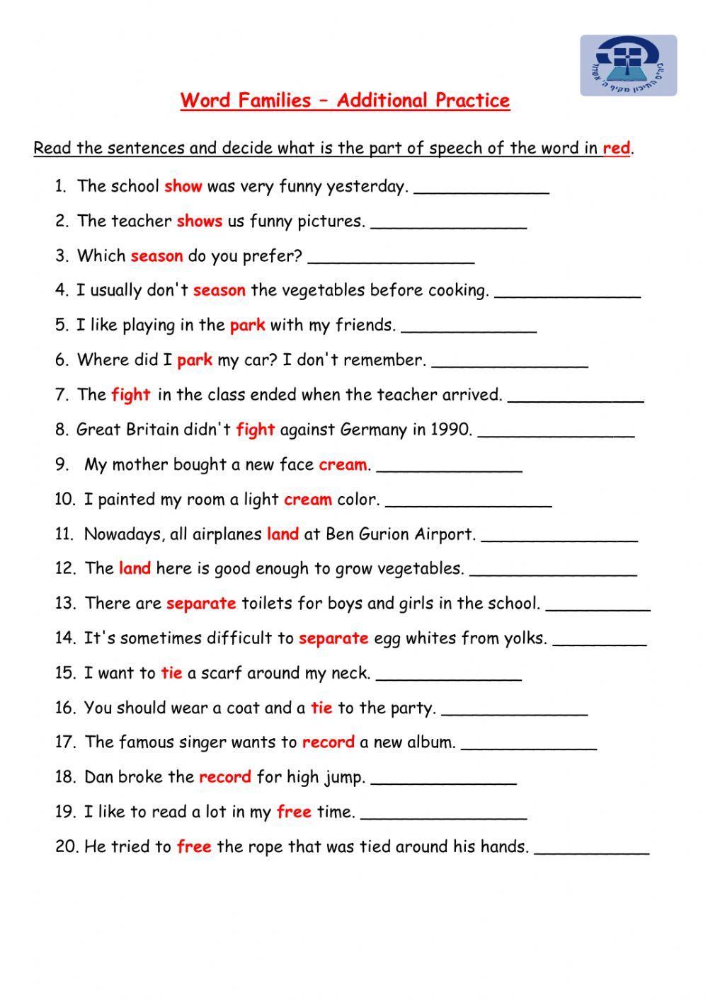 parts of speech review worksheet