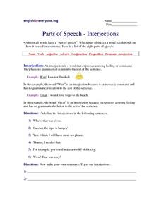 Parts of Speech-Interjections Worksheet for 5th - 6th Grade ...