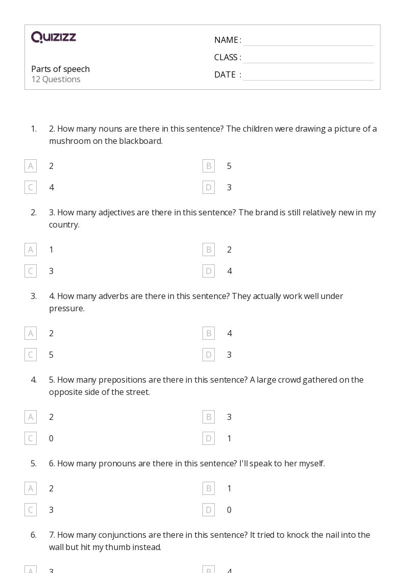 parts of speech worksheet for 1st grade
