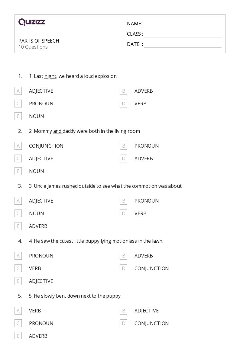 parts of speech worksheet for 2nd