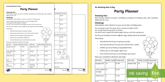 A Party Planner Worksheet / Worksheet (teacher made)