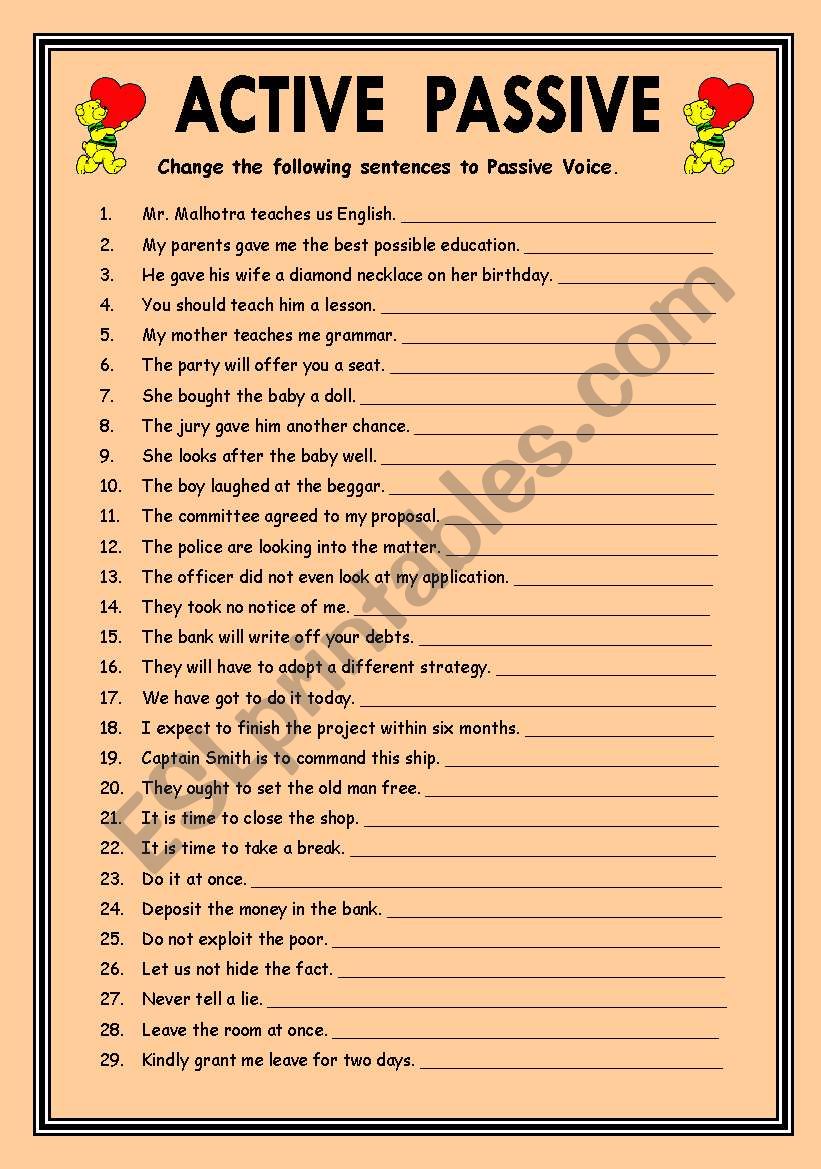 Exercises on ACTIVE PASSIVE VOICE (EDITABLE with KEY) - ESL ...