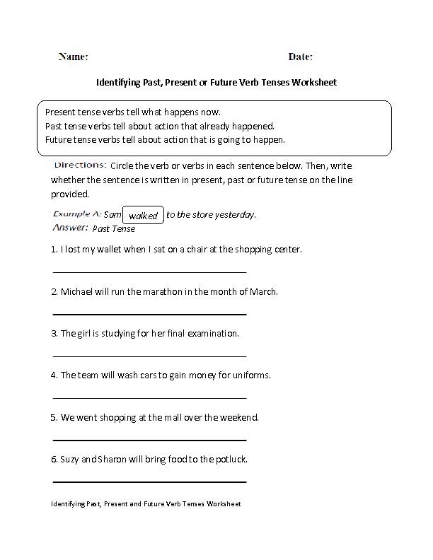 Verb Tenses Worksheets Identifying Past,Present or Future Verb