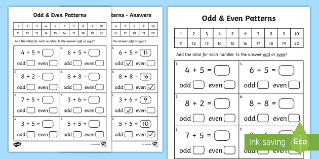 Algebra - Patterns - Odd and Even Worksheet / Worksheet