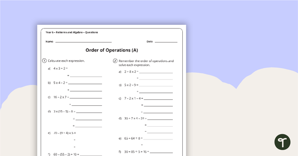 Patterns and Algebra Worksheets - Year 6 | Teach Starter