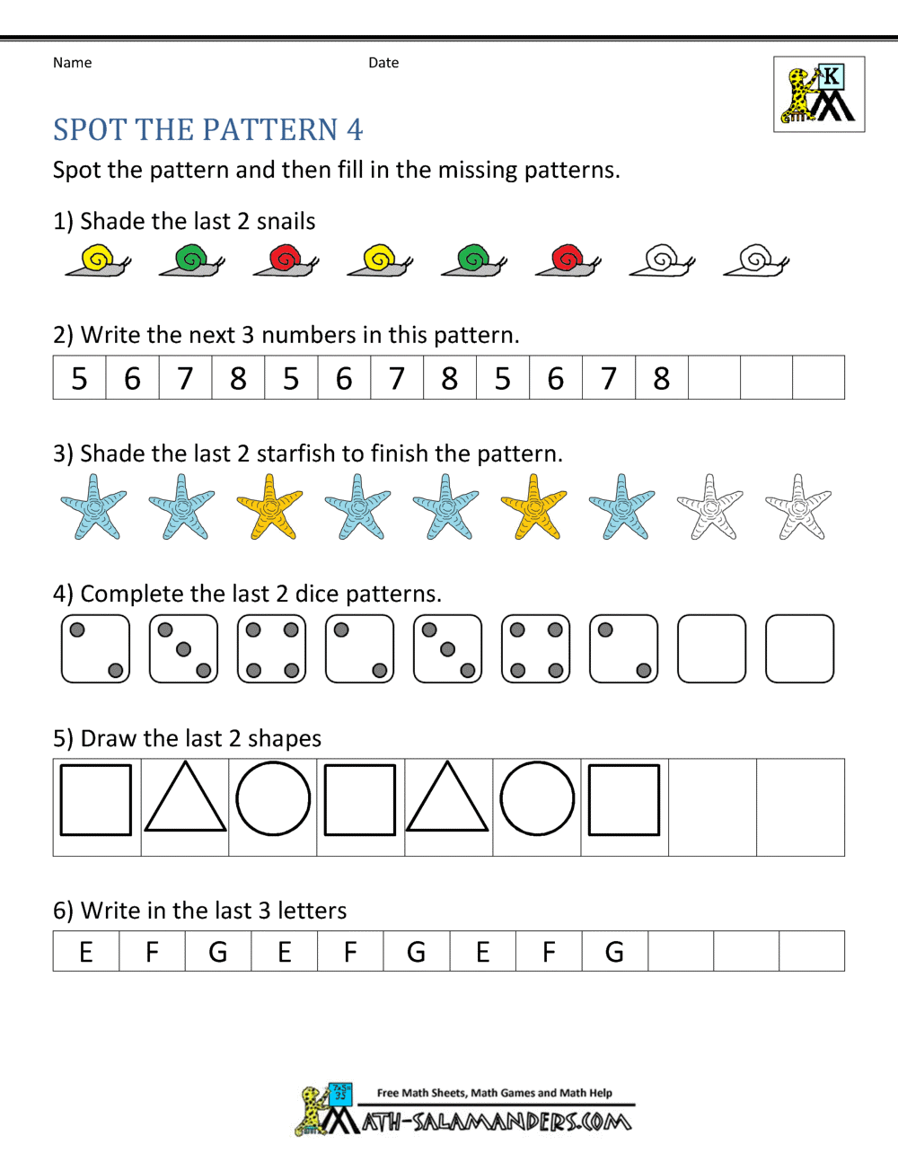 pattern math worksheet 1st