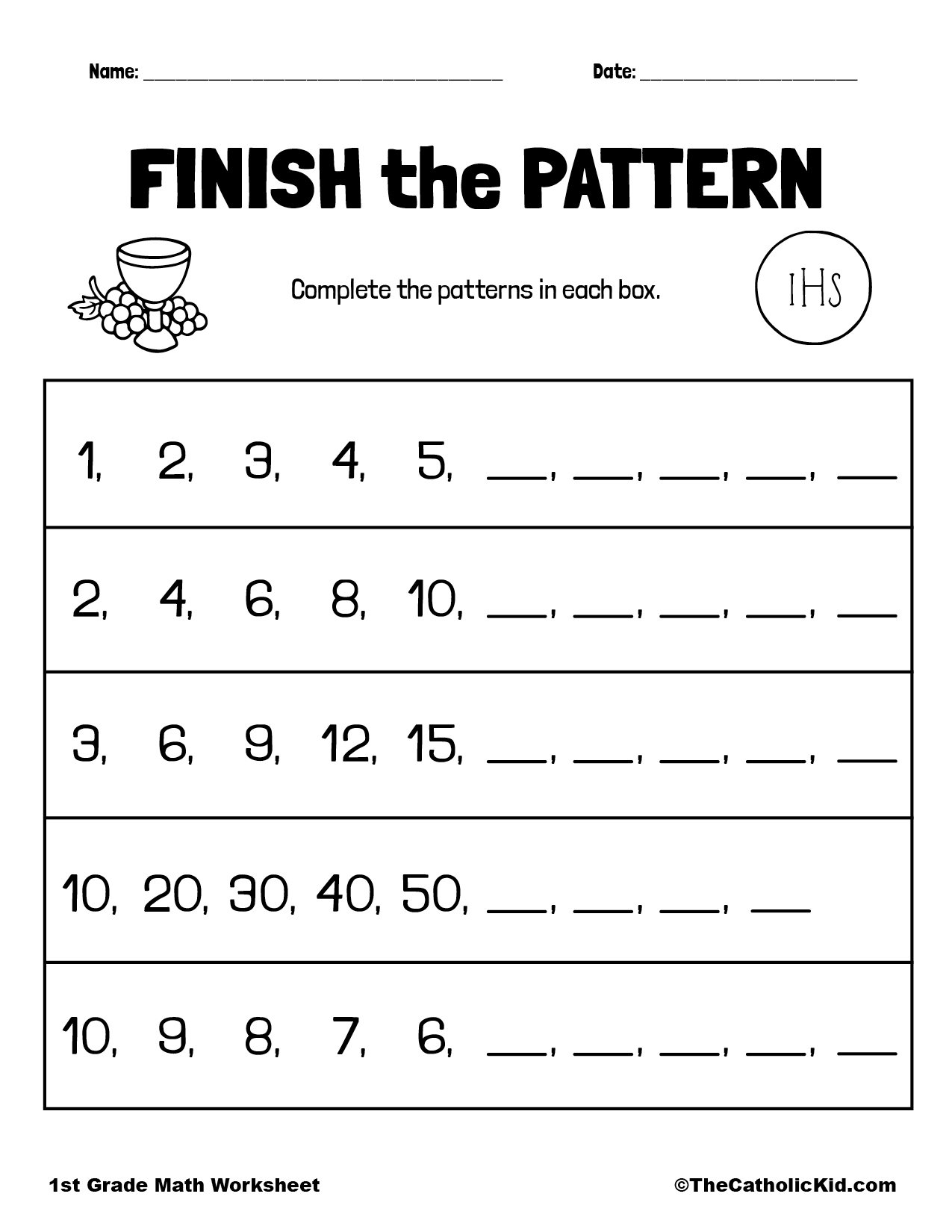 Finish The Pattern - 1st Grade Math Worksheet Catholic ...