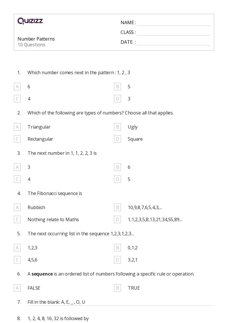 pattern of numbers on worksheet