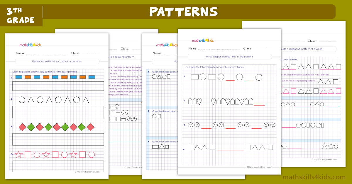 Patterns worksheets for Grade 3: Shapes and sequences Practice