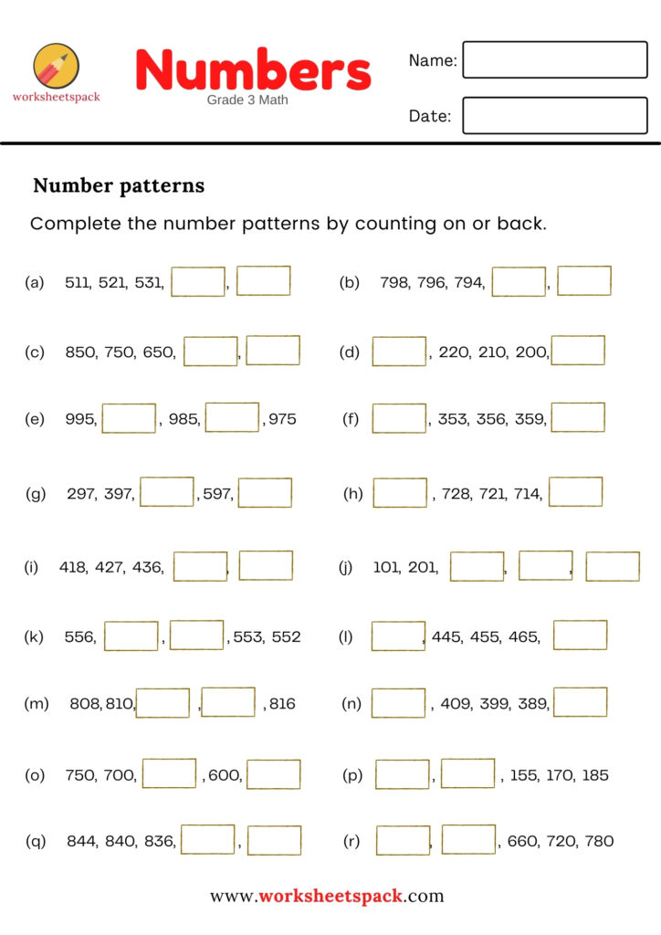 NUMBER PATTERNS WORKSHEET FOR GRADE 3 - worksheetspack