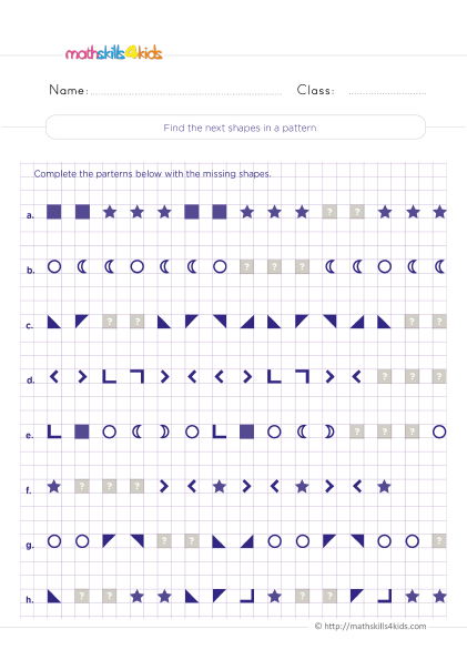 Printable patterns and sequences worksheets for Grade 4: Download now