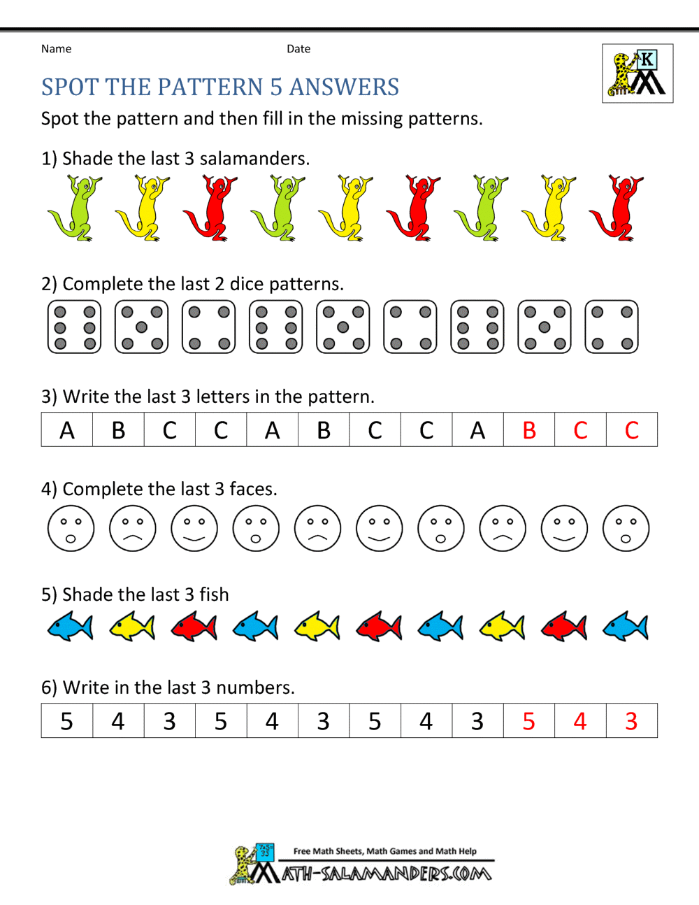 Free Kindergarten Worksheets Spot the Patterns