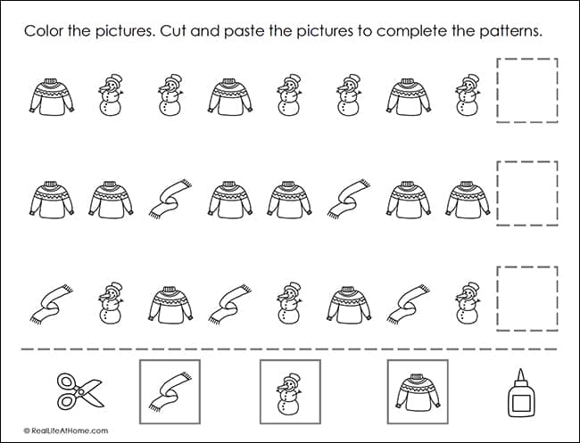 Free Winter Math Patterns Printable Worksheets (Preschool - 1st Grade)
