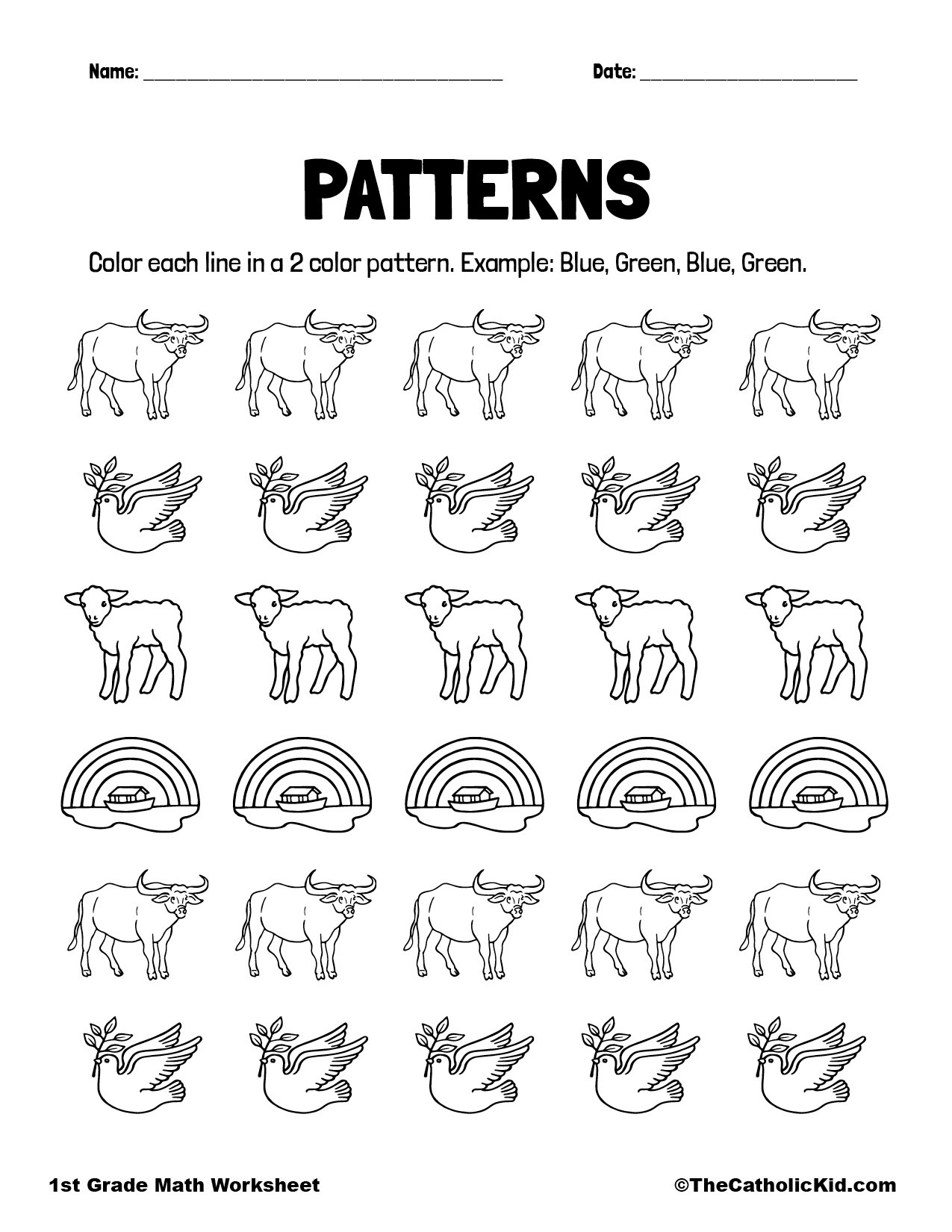 Color The Patterns - 1st Grade Math Worksheet Catholic Themed