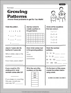 Growing Patterns (Algebra): Tic-Tac-Math | Printable Games and ...