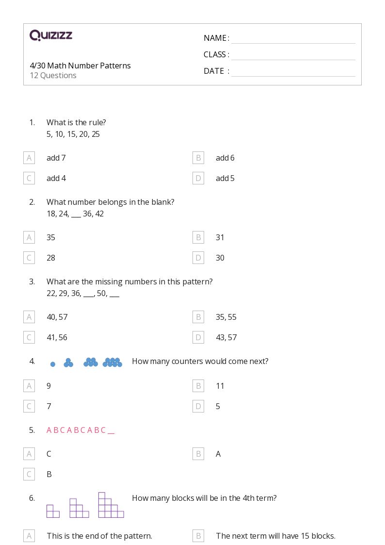50+ Number Patterns worksheets for 4th Class on Quizizz | Free ...