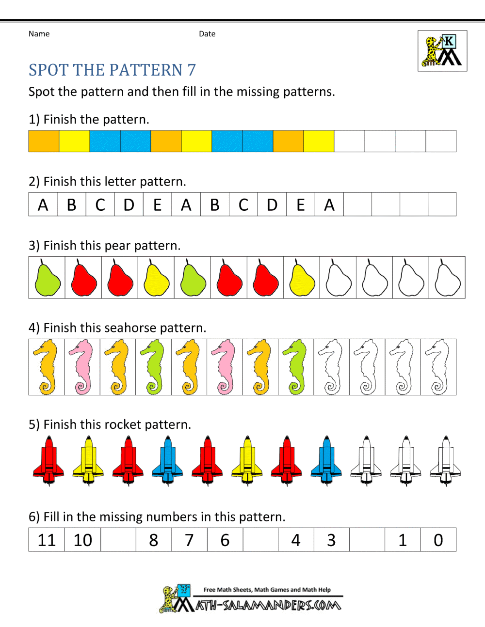 Free Kindergarten Worksheets Spot the Patterns