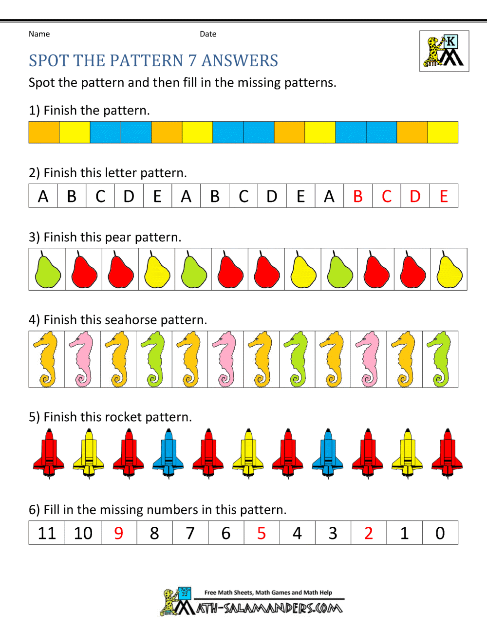 Free pattern worksheet key, Download Free pattern worksheet key png ...