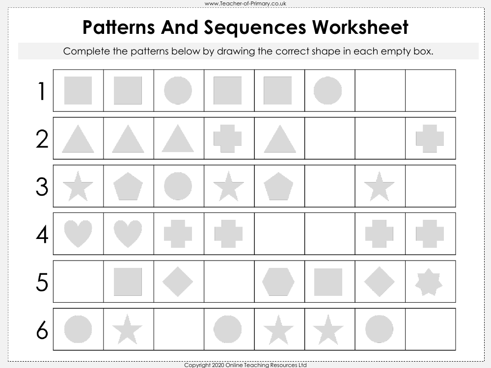 Patterns and Sequences - Worksheet | Maths Reception