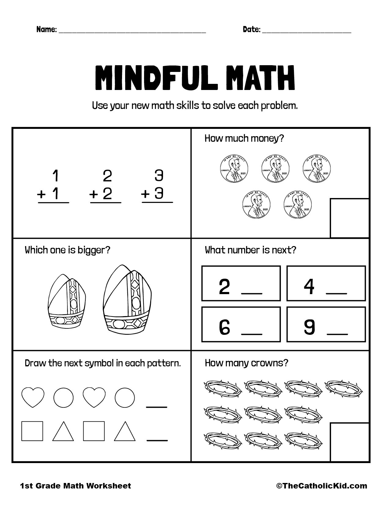 1st Grade Pattern Recognition Catholic Worksheets - TheCatholicKid.com