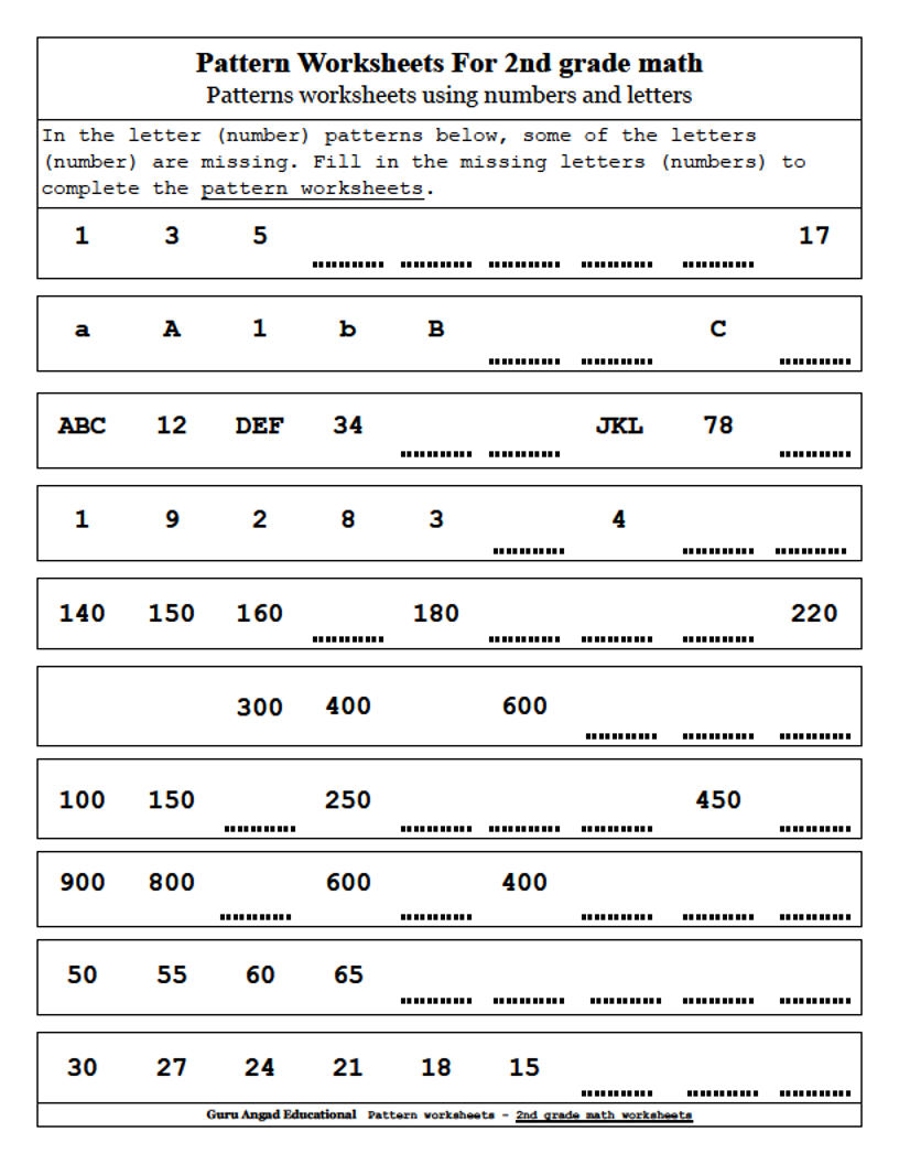 2nd Grade Math - Patterns Worksheets using Numbers and Letters ...
